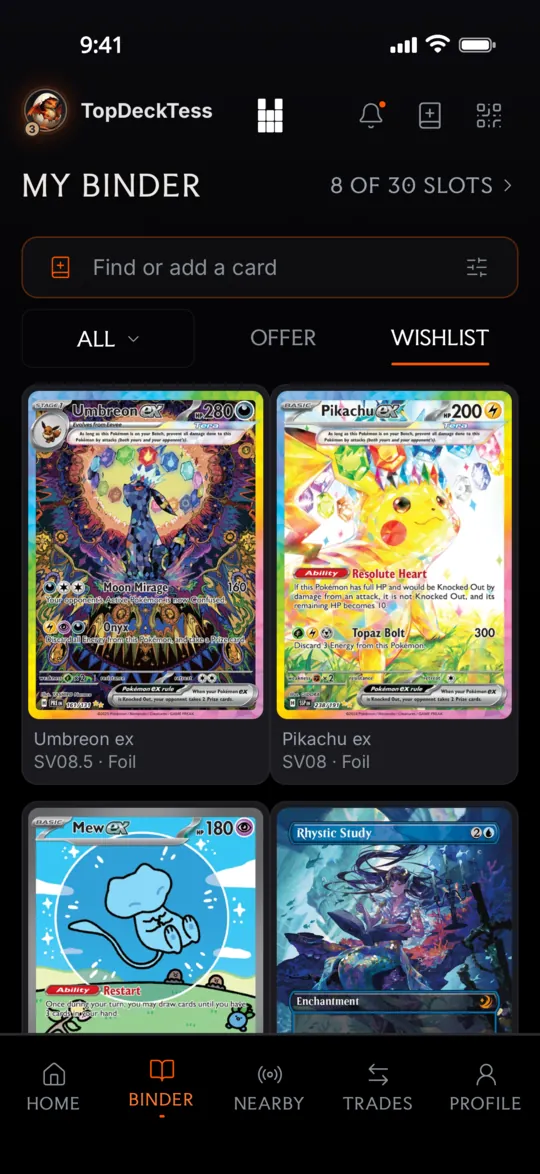 My Binder in the BinderPlug app, on the Wishlist tab: 8 of 30 slots used, with a grid of the cards you want.