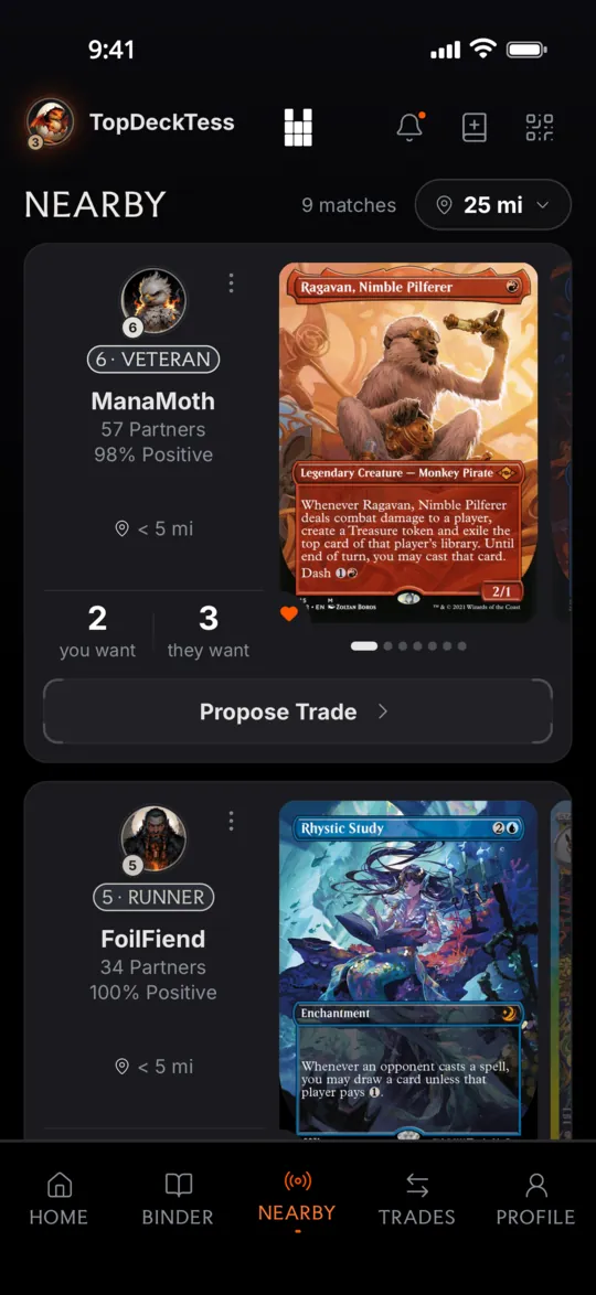 The Nearby screen in the BinderPlug app. A trader, ManaMoth, is less than 5 miles away, with 2 cards you want and 3 cards they want from you, and a card from their binder.