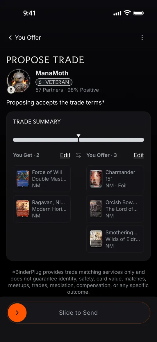 Proposing a trade in the BinderPlug app: a trade summary bar compares the two sides, with 2 cards you get and 3 cards you offer.
